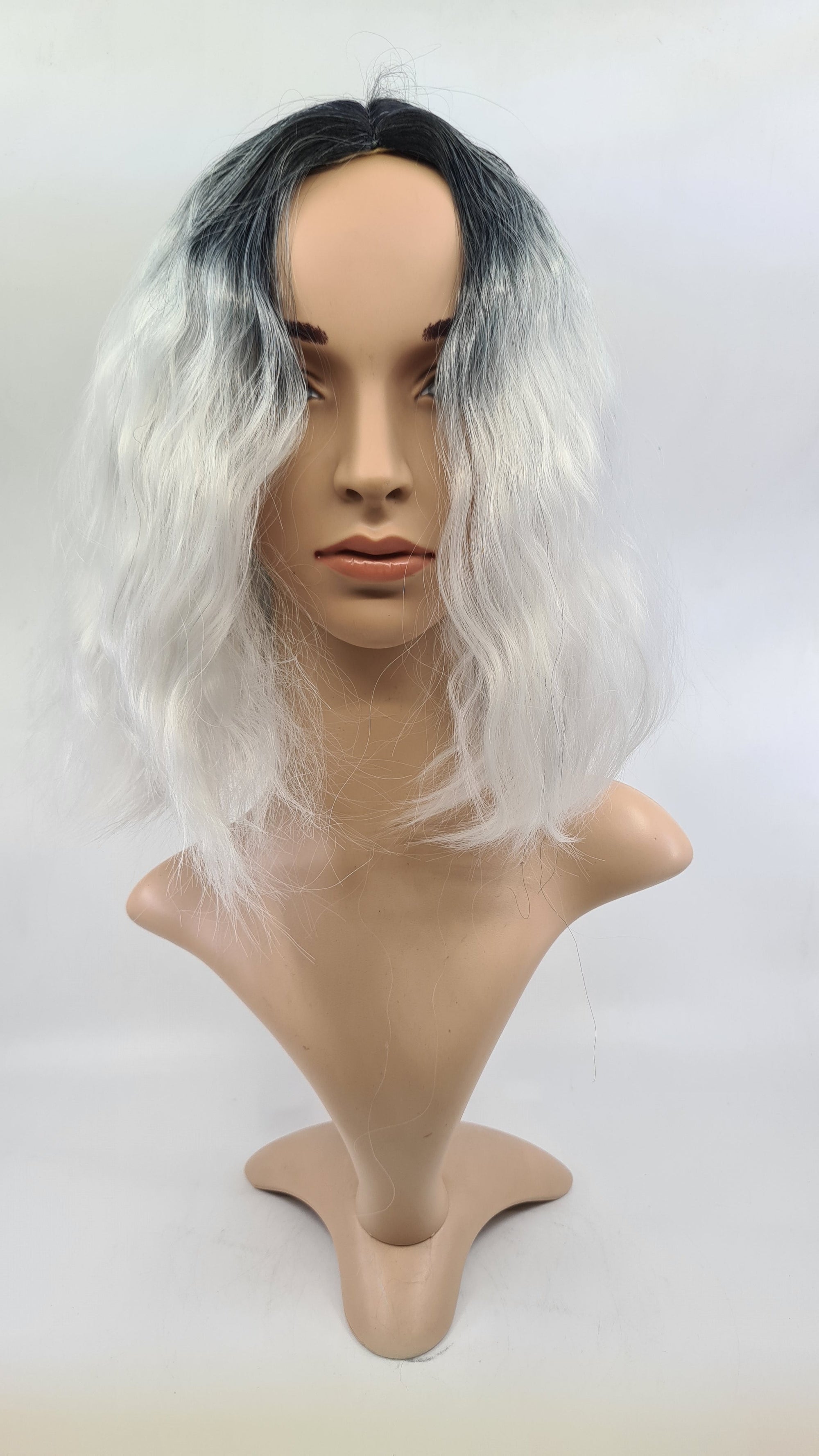 Wig- Kate- Ombre Black to White Kinked Lob